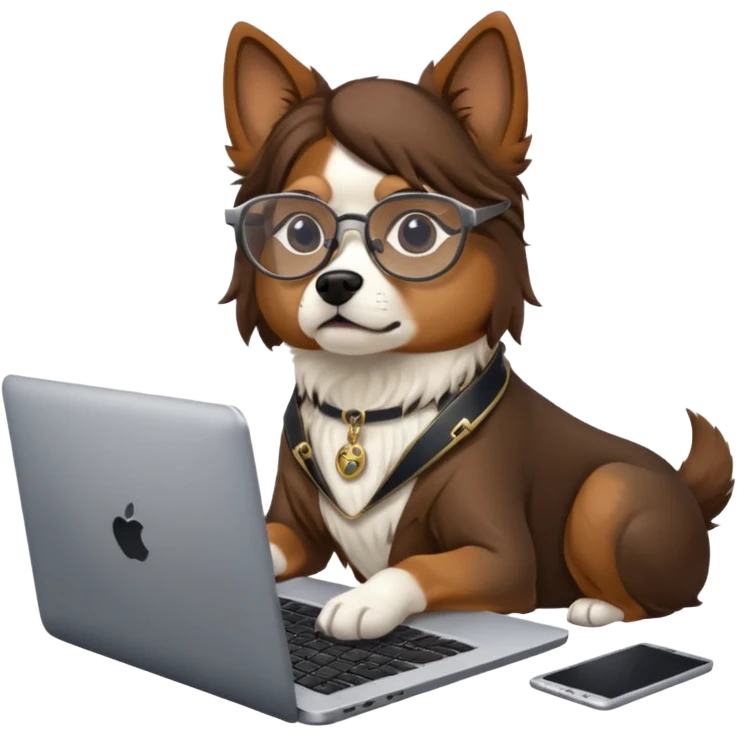Dog with bayonetta glasses and a laptop, looking tired emoji