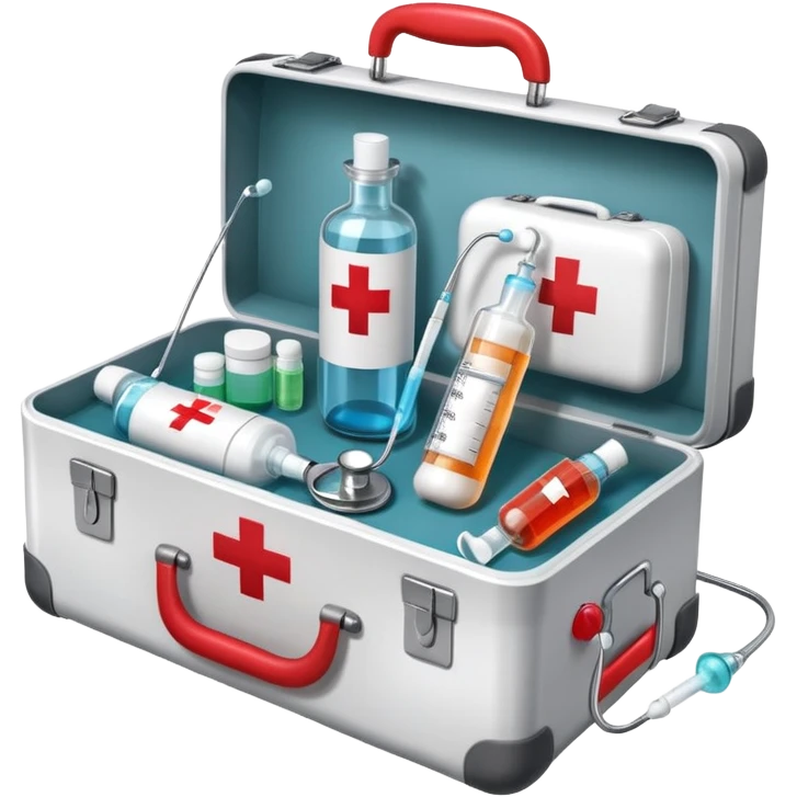 An icon featuring a medical suitcase with a red cross, a bottle of pills, a stethoscope, and a syringe, symbolizing medicine. The design includes a thermometer, bandages, representing healthcare and medical treatment. Transparent background highlights the science of healing. emoji