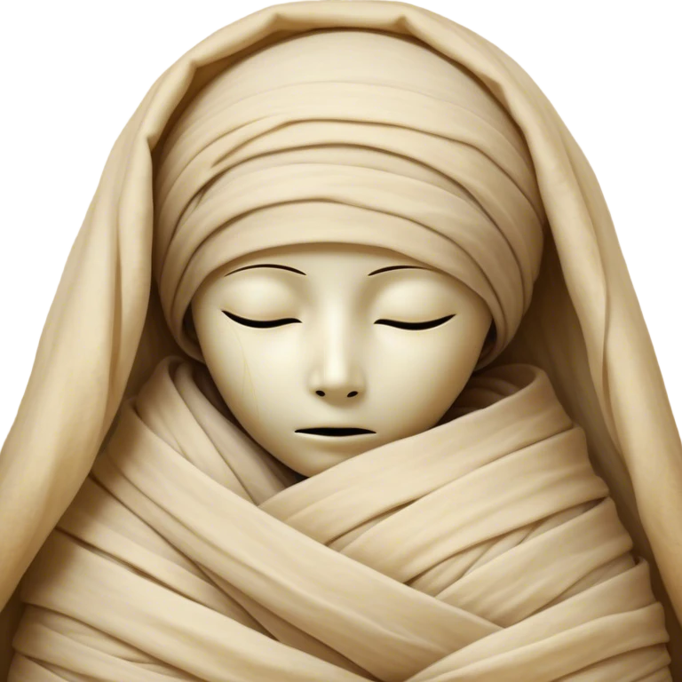 A snug, cozily wrapped mummy, fully encased in soft, slightly loose bandages, even its face gently hidden behind folds with only a tiny glimpse of sleepy eyes, nestled in warm, faded tones with gentle golden accents, simplified yet irresistibly charming, highly detailed with a soft glowing outline capturing the peaceful aura of an ancient being drifting into rest! emoji
