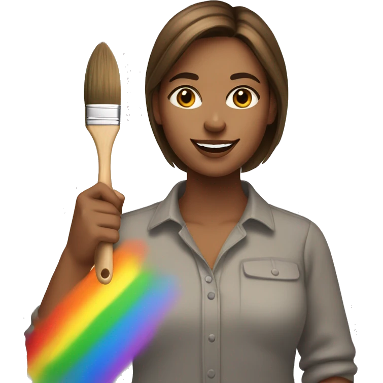Brown hair woman with a rainbow shirt holding a paintbrush emoji
