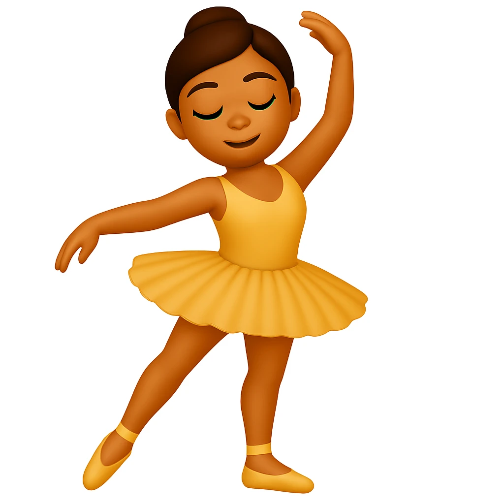 Keep the image just like the reference but show the ballerina's full legs in the style of iOS emoji. Same pose, yellow tutu, elegant, smooth, and shiny. emoji