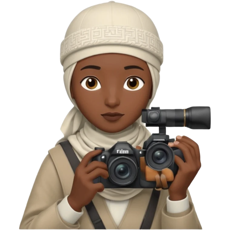 Black Muslim photographer, dark skin tone, dressed in a modest modern outfit, kufi cap, holding a DSLR camera (Canon/Nikon), focused expression, outdoor photoshoot setting, clean depth of field, highly realistic, detailed portrait, 4K. emoji