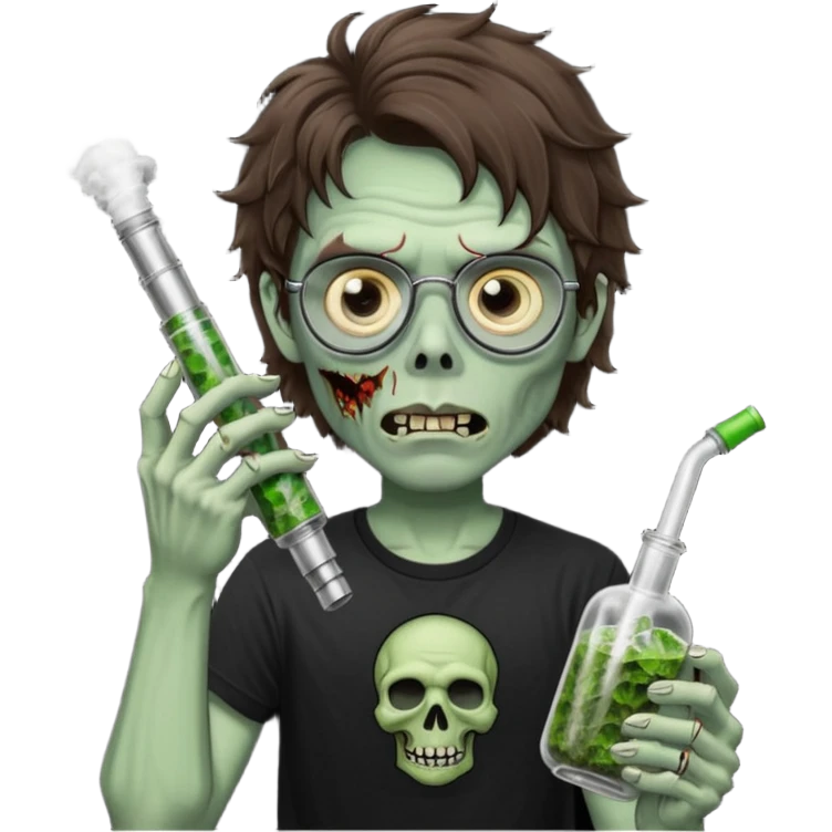 short wavy brown haired zombie getting stoned with weed t shirt and bong on his hand and wearing black chrome hearts bifocals emoji