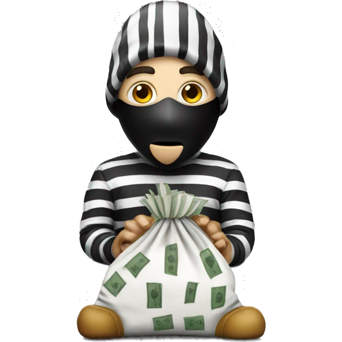 robber with a black and white striped shirt wearing a mask and has a money bag emoji
