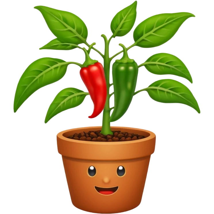 Potted green pepper plant with small chili peppers growing on it emoji