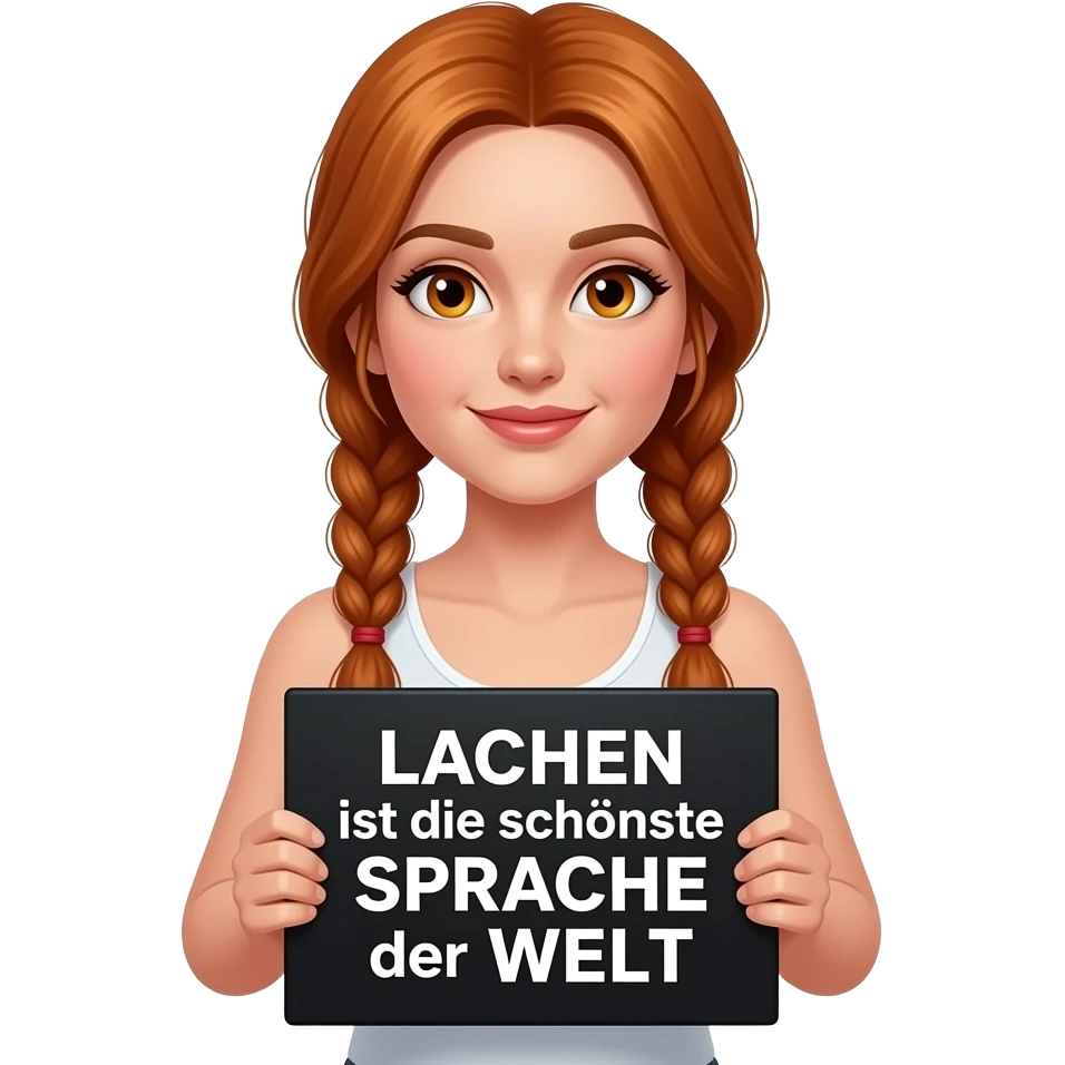 sexy girl with long ginger braids and ginger eyes wearing a white tanktop is holding a black sign with LACHEN ist die schönste SPRACHE der WELT written on it emoji