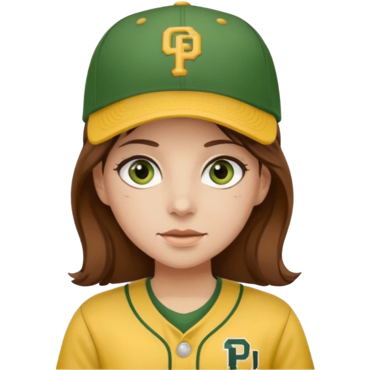 girl with brown hair and green eyes wearing brown and yellow padres gear emoji