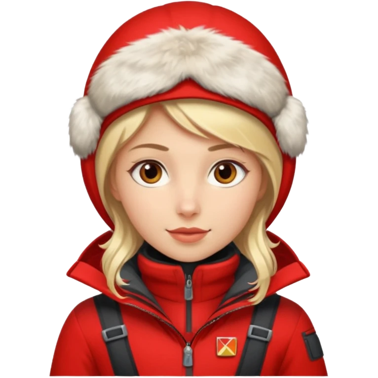 Luxury blonde model, brown eyes, polar explorer, red clothes, skiing outfit emoji