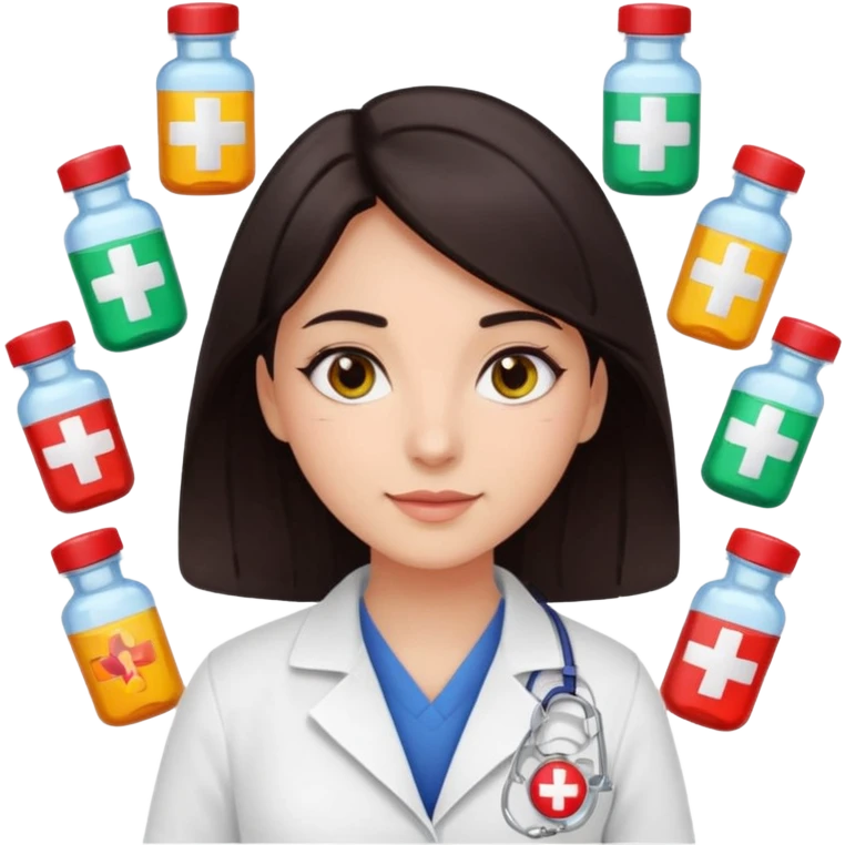 girl with pharmacy badge, dark hair, dark eyes, surrounded by medicine bottles, radiant sunny expression emoji