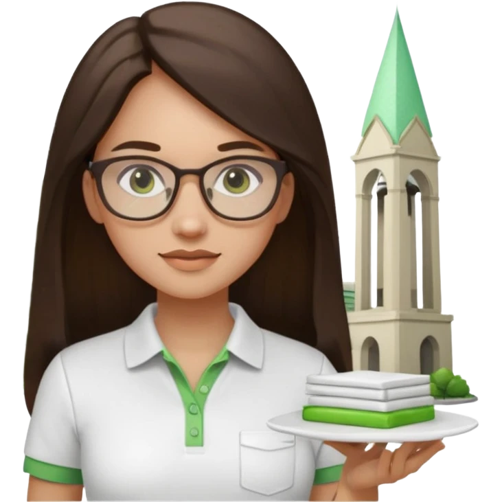 architect woman light skinned dark brown hair in WHITE POLO touch of light green, long hair but then wearing proper architeture attire with plates on the backgrounf emoji