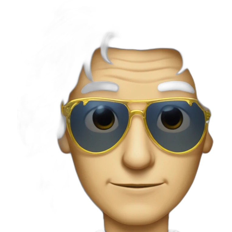 michel polnareff avec des lunettes de soleil blanches, des cheveux longs jaunes et raides, vieux, avec un costume bleu et expression de visage neutre emoji