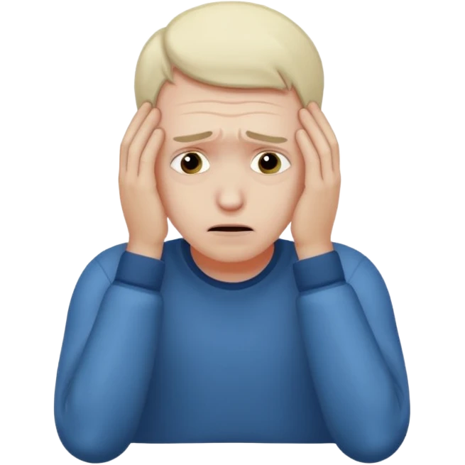 A white man sits at his desk, clutching his head in his hands. emoji