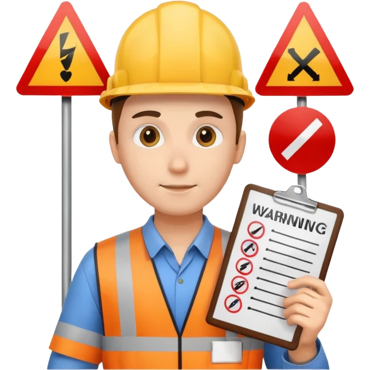 an engineer with a checklist and warning signs emoji