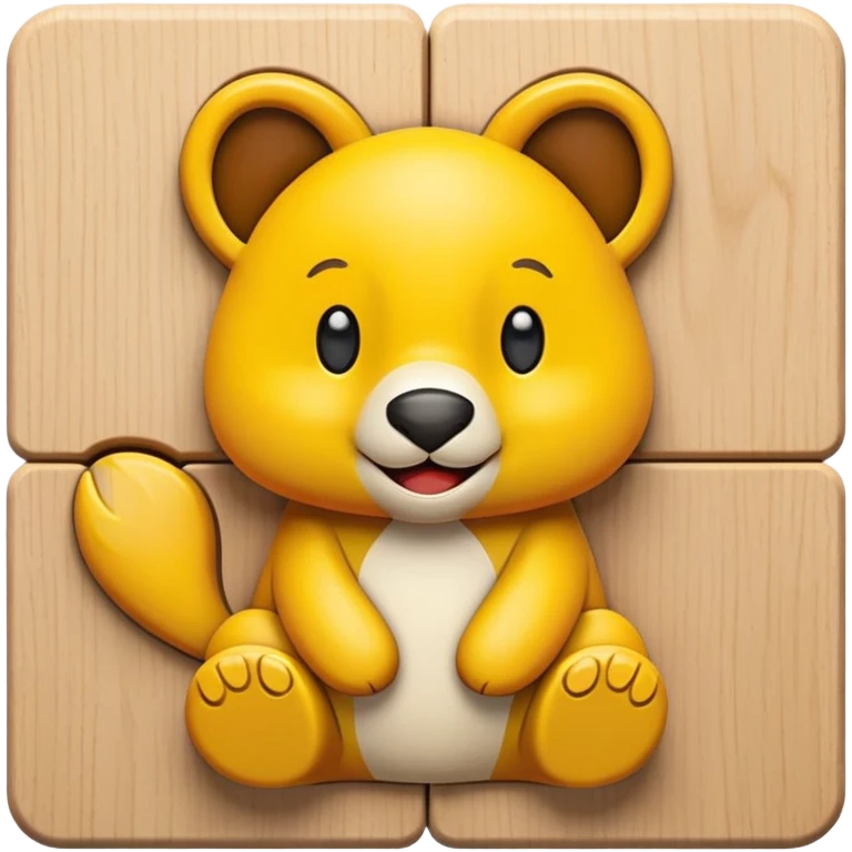 A wooden puzzle animal character with interlocking pieces and a happy expression emoji