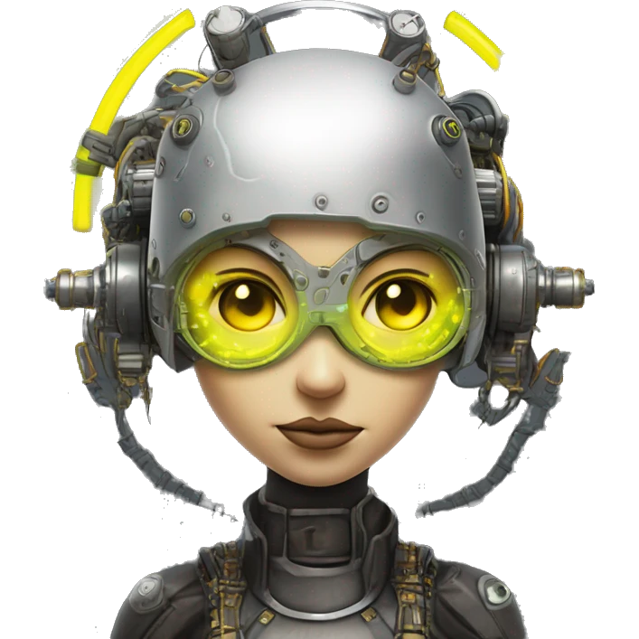 Round faced Caucasian female cyborg head with Neon yellow bobbed hair, silver steampunk goggles and circuits emoji