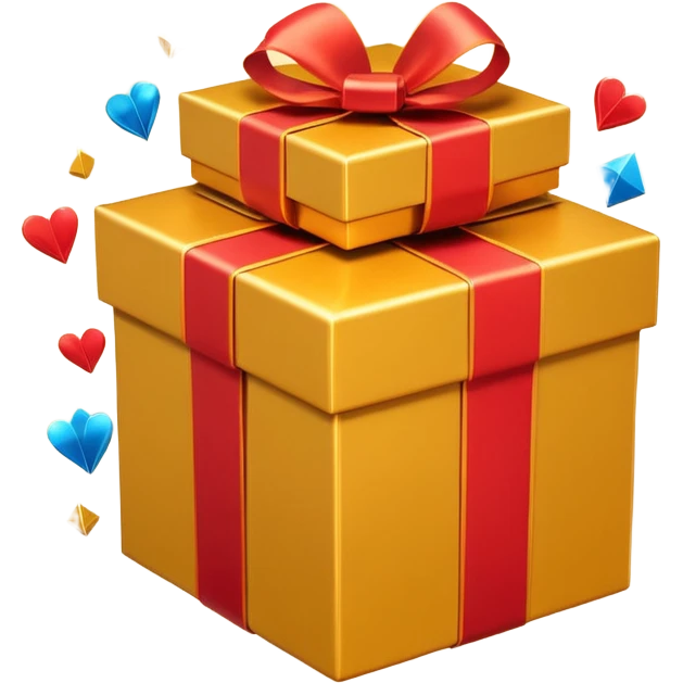 3D emoji style illustration of a big golden gift box with a shiny orange ribbon, a red off-road SUV car jumping out of the box, bright glowing orange background, small playing cards and sparkles flying around, no text, high resolution, square image emoji