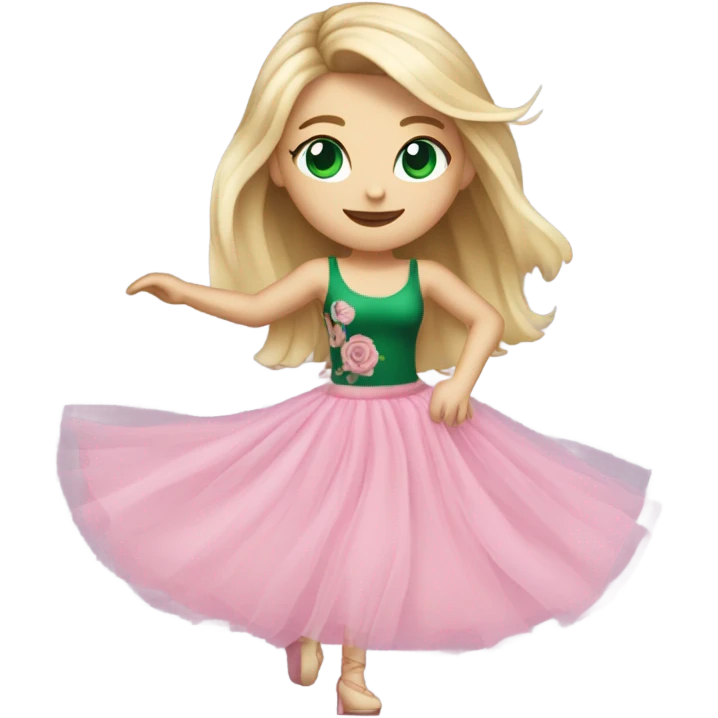 Realistic White girl with Long straight blonde hair, green eyes, tattoos, full body wearing pink tulle dress, dancing emoji