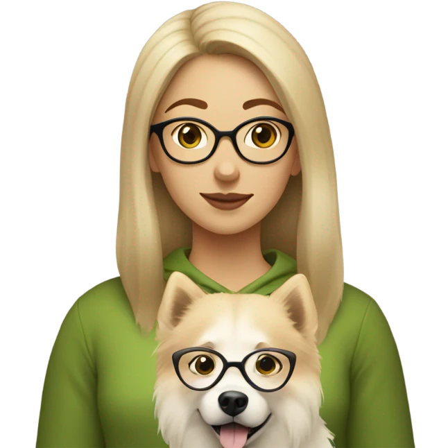 Brown light hair woman aux Green eyes with glasses Green eyes and White beige eurasier dog  emoji