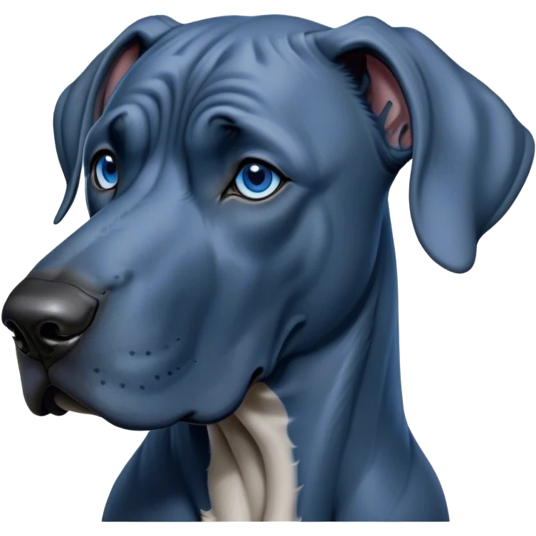 Cinematic Noble Blue Great Dane Portrait Emoji, Poised and regal, with a towering, muscular build and a sleek, well-groomed deep blue Fur, deep-set soulful steel-blue eyes, Simplified yet sharp and sophisticated features, highly detailed, glowing with a cool, dignified glow, high shine, intelligent and commanding, stylized with an air of majesty, focused and attentive, soft glowing outline, capturing the essence of a watchful and authoritative guardian, so majestic it feels as though it could stride out of the screen with effortless authority! emoji