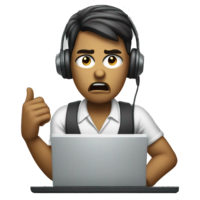 telemarketing attendant with a computer angry emoji