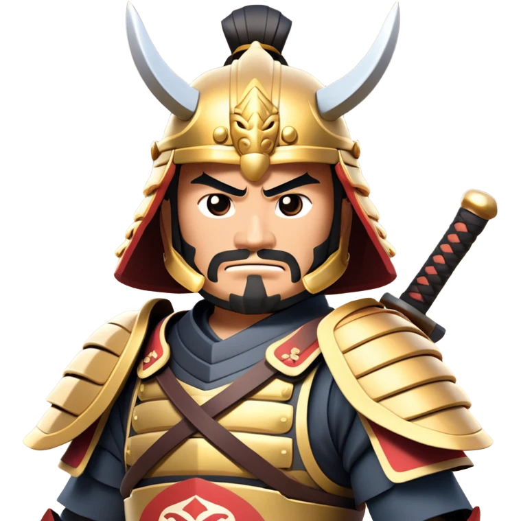 clash-of-clans-aesthetic_-cinematic-fearsome-and-majestic-samurai-bust-portrait-emoji, rendered in a flat, vector-style with minimal shading and bold, simplified shapes typical of emoji art, depicting a battle-hardened samurai with steely eyes and traditional Japanese armor, riding a noble warhorse adorned with an intricately designed saddle and fluttering banners, against a backdrop of cherry blossoms and a rising sun. emoji