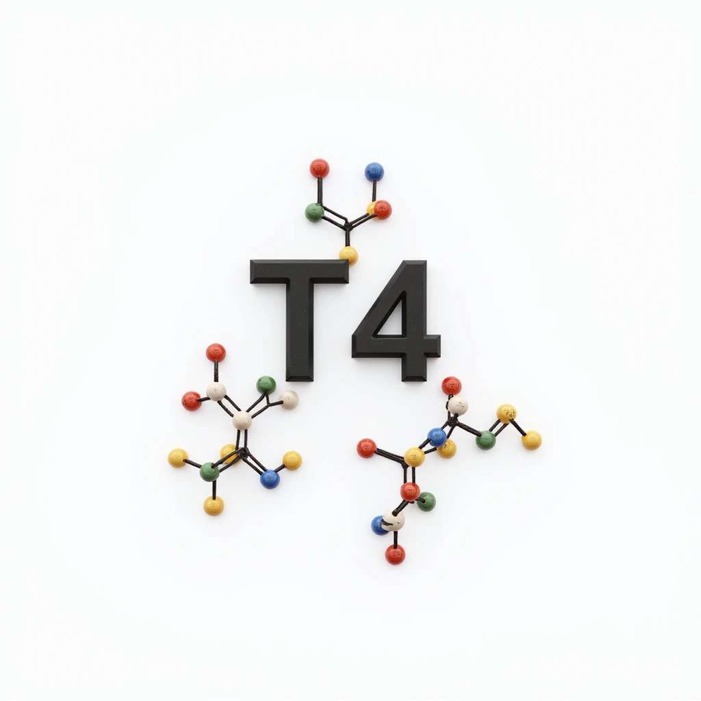 3D hyperrealistic scientific illustration of Thyroxine (T4) molecule with colored atoms and visible chemical formula on white background, 4K resolution emoji