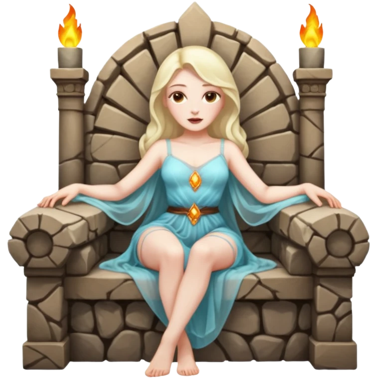 Woman reclining on a stone throne, sheer fabric, torchlight, dangerous emoji