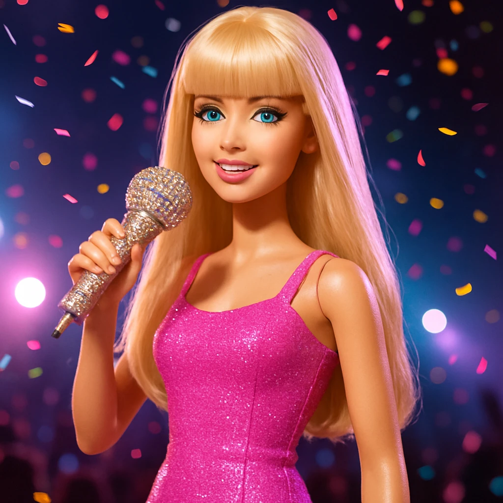 Pretty and girly Blonde pop star with bangs, holding a bedazzled microphone, reimagined as a Barbie doll, with a nighttime concert backdrop with colorful confetti emoji