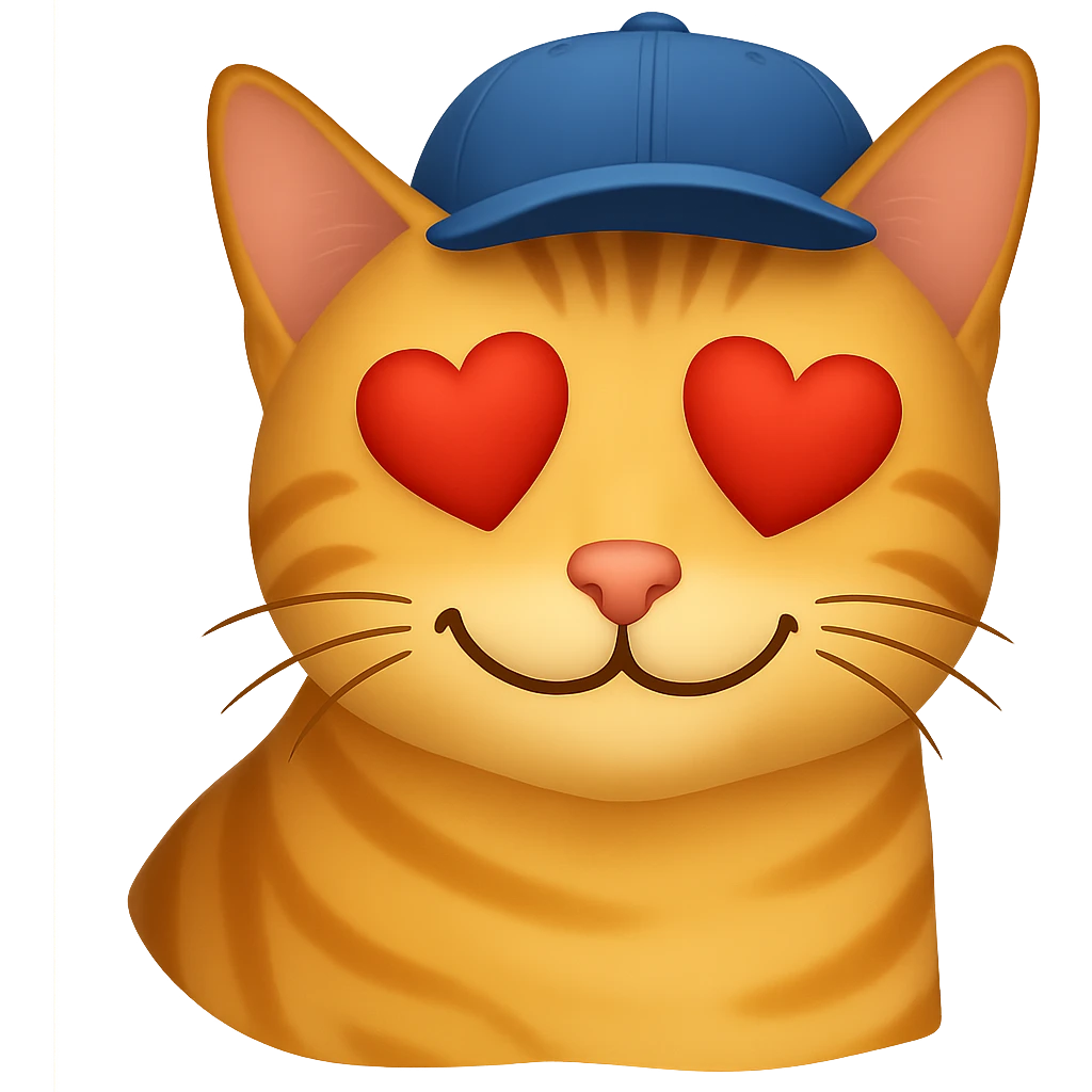 Change the cat's face expression to love (heart eyes or loving smile), keep the blue cap, and set the background to transparent. The style should resemble emoji style with simple and clear features. emoji