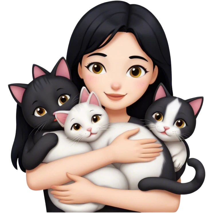happy girl with black hair hugging three cats   emoji