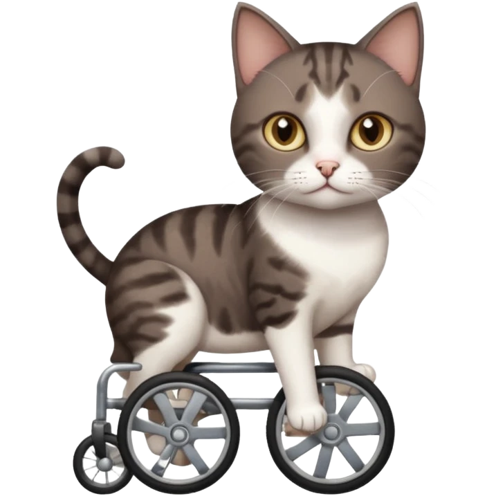 full body small short hair dark brown and white cat with hazel eyes walking in a wheelchair for cats emoji