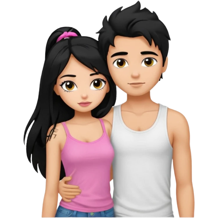 generate a pretty tan bratz boy with messy black hair wearing a white tshirt. Hugging a fair girl with long black hair, eyeliner, wearing a pink cami.  emoji