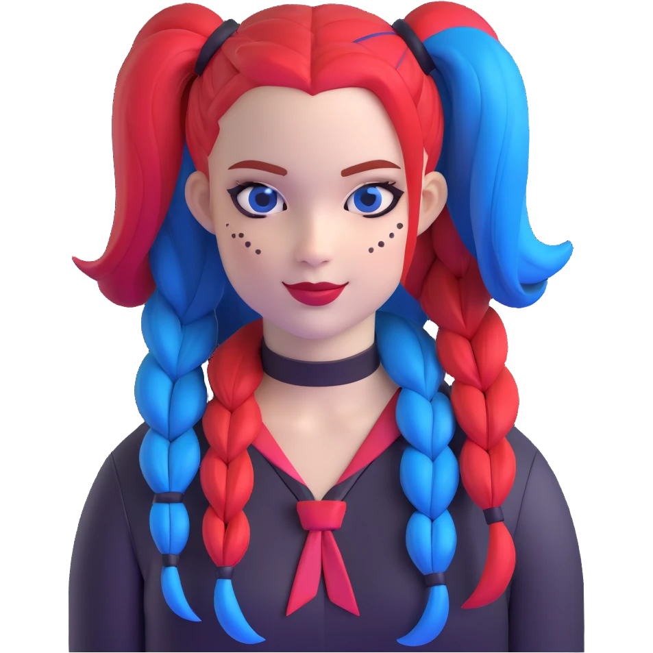 hair styled like Harley Quinn with blue and red pigtails emoji