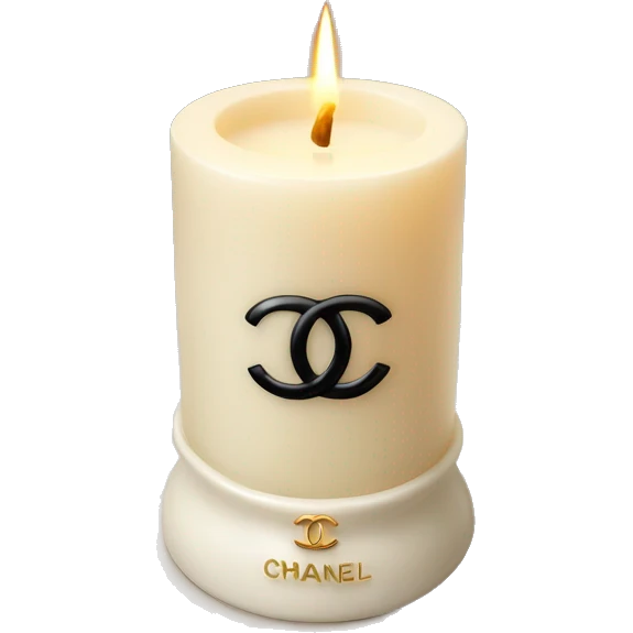a vanilla candle in a small white candle holder with a chanel logo emoji