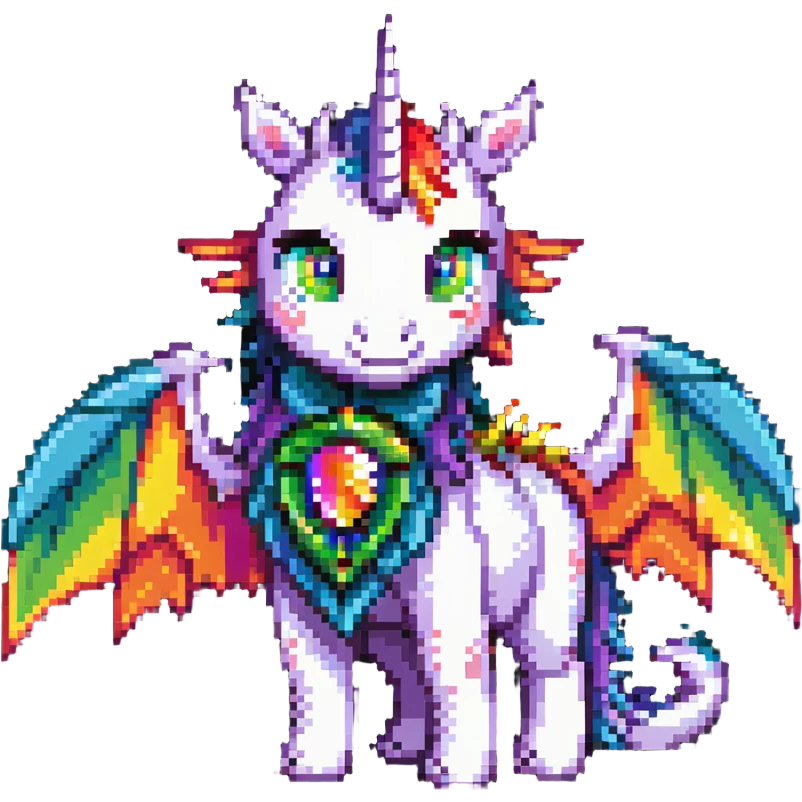 dragon with oversized eyes, rainbow-colored wings, and a unicorn horn emoji
