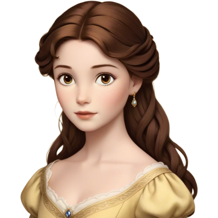 Cinematic Realistic Belle Portrait, depicted with lifelike skin texture, soft natural lighting, and intricately detailed brown hair styled elegantly. Her deep, expressive eyes exude warmth and intelligence, complemented by a serene and graceful expression. She is dressed in her classic attire, with rich fabric textures and delicate folds that catch the light beautifully. The portrait features a soft, enchanting glow with a natural, radiant finish, capturing the essence of timeless beauty in a realistic and painterly style, evoking a sense of depth and authenticity. emoji