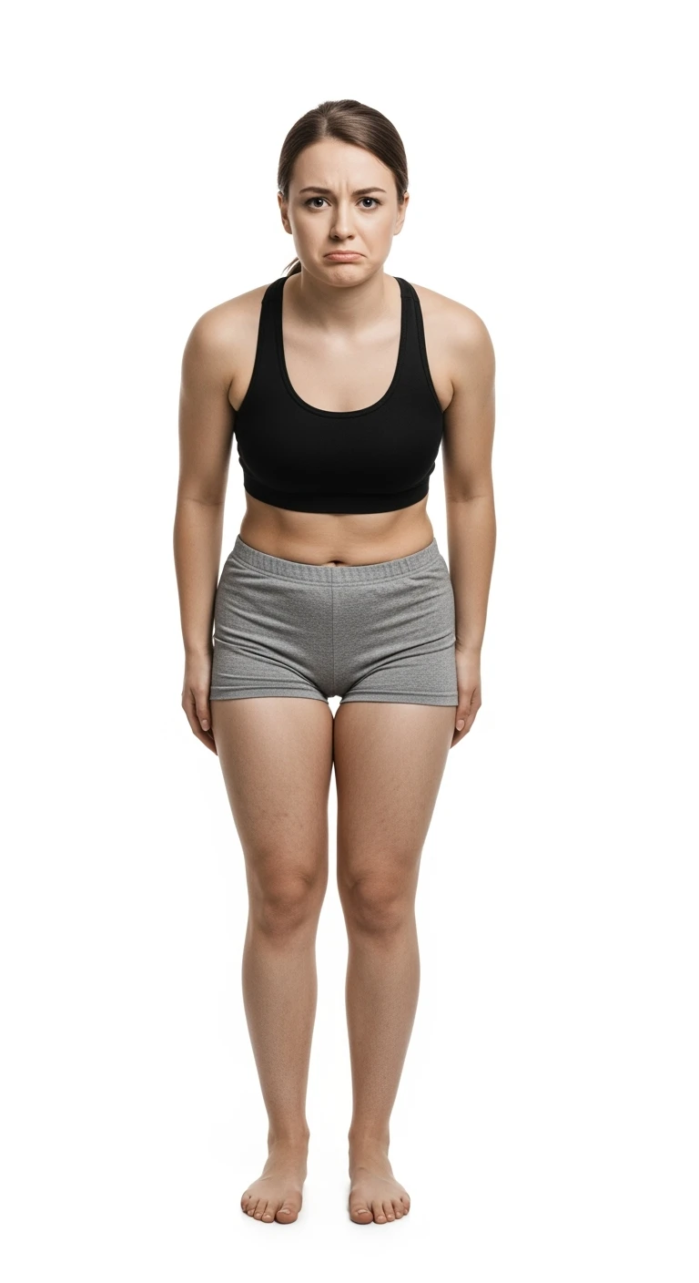 donna giovane con cellulite buchi di cellulite e ritenzione in gym short leggermente piegata in avanti, con espressione dispiaciuta in volto isolata su sfondo bianco emoji