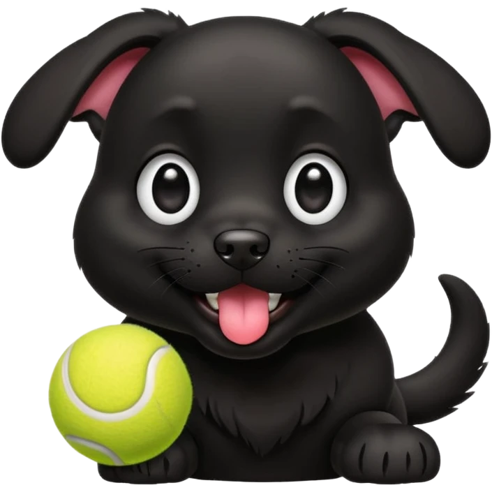 Cute emoji-style illustration of a happy black dog playing with a tennis ball, shiny black fur, joyful expression with tongue out, big expressive eyes, playful pose, vibrant colors, smooth clean lines, high resolution, sticker-style, transparent background emoji