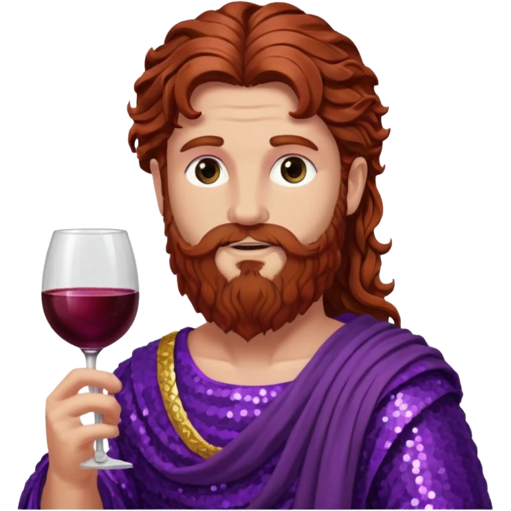 Liber, God of Wine from Roman Deities with long reddish brown wavy hair and beard, purple sequin toga  emoji