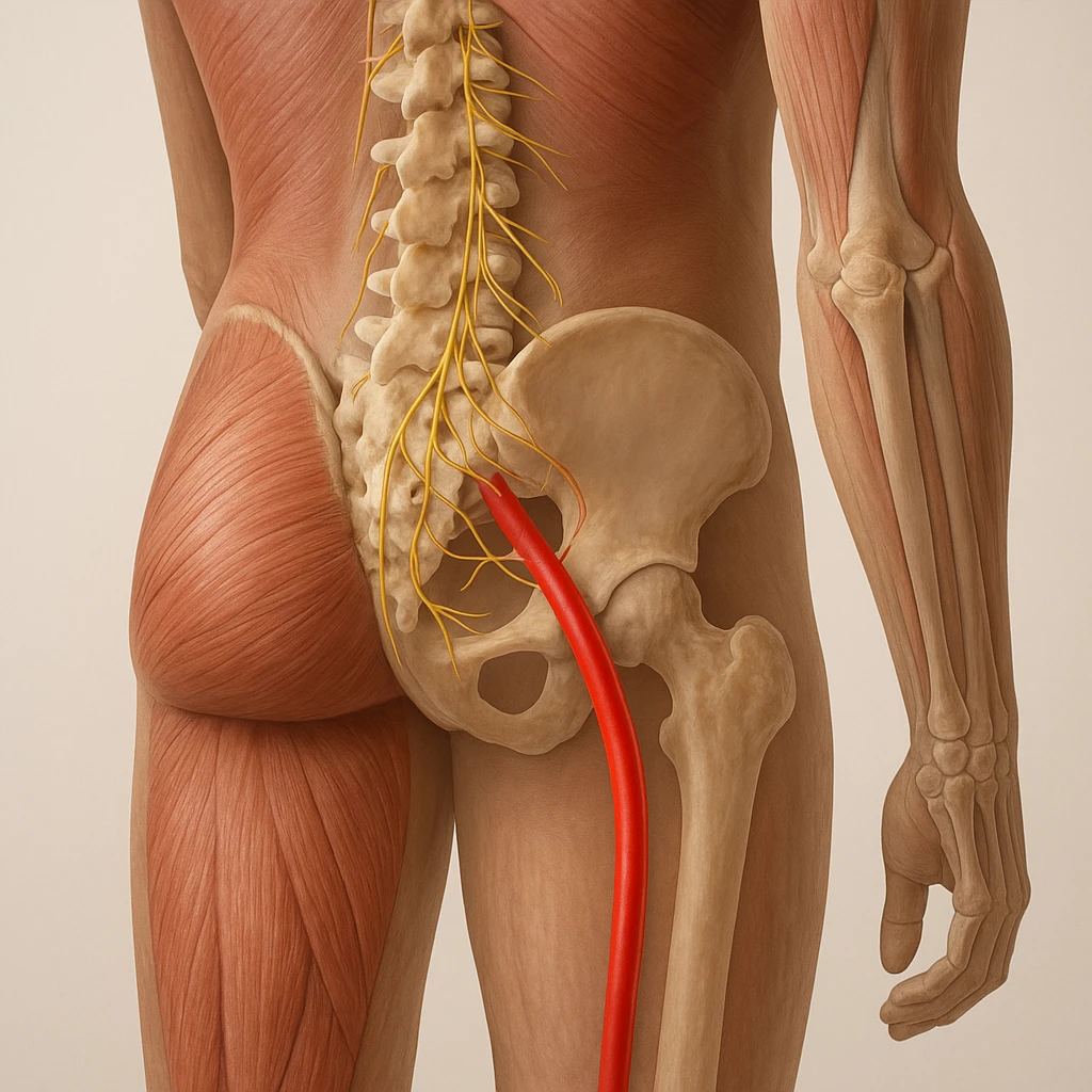Close-up detail of the lumbar and gluteal area, sciatic nerve highlighted in red starting from the spine, visible muscles and bones, neutral background, 4K quality. emoji
