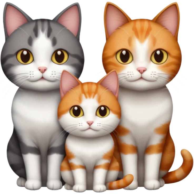 3 different coloured tiny short haired cats, including a dark grey and white cat, and a dark brown tabby and white and a ginger and white emoji
