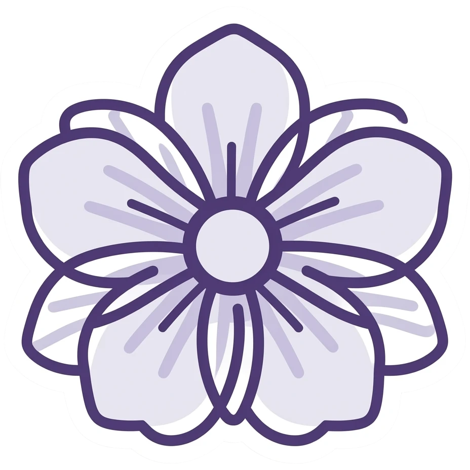 minimal line-art flower sticker, elegant thin stroke, soft lavender and deep purple, clean vector design, no background, modern aesthetic emoji