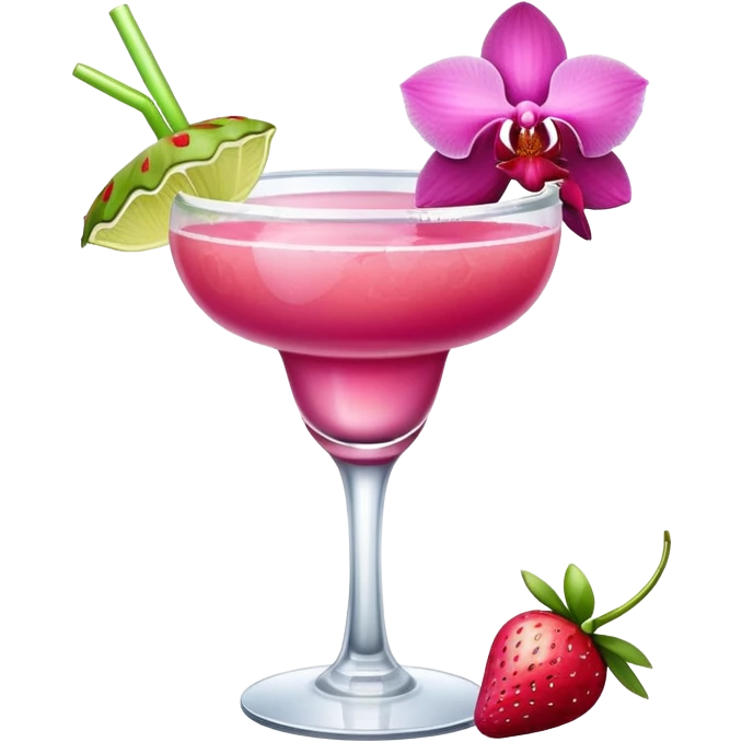 Pink margarita in a round cup with a strawberry on the rim and a orchid flower as garnish emoji