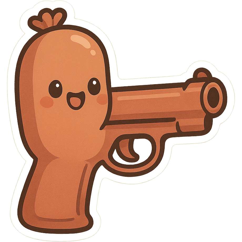 a sausage with pistol features, cute and silly, playful cartoon style emoji