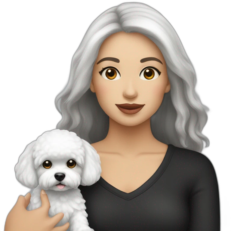 mujer piel blanca pelo largo negro y perro bichon blanco emoji