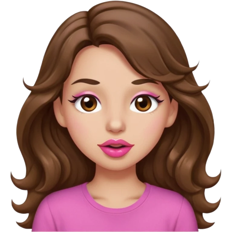 girl with long wavy brown hair, brown eyes, light to medium complexion, in a pink shirt, pink lips, long lashes, puckering lips kissing, winking with one eye emoji