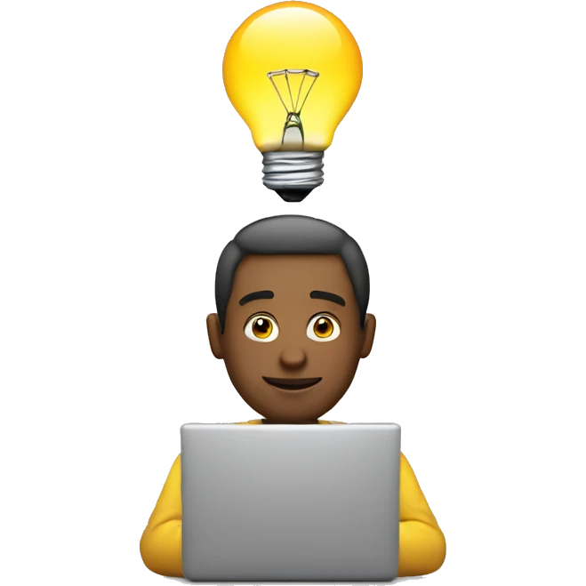 man with laptop and light bulb above head emoji