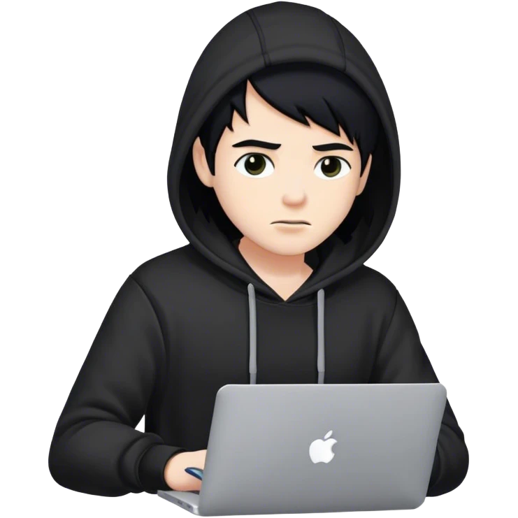 hackeur blanc cheveux noir et capuche noir avec un macbook emoji