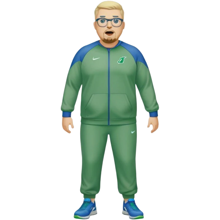 Full Body white male plus size wearing glasses with a goatee with light blonde and gray very short hair yelling head Coach in blue and green Nike dry sweat suit emoji