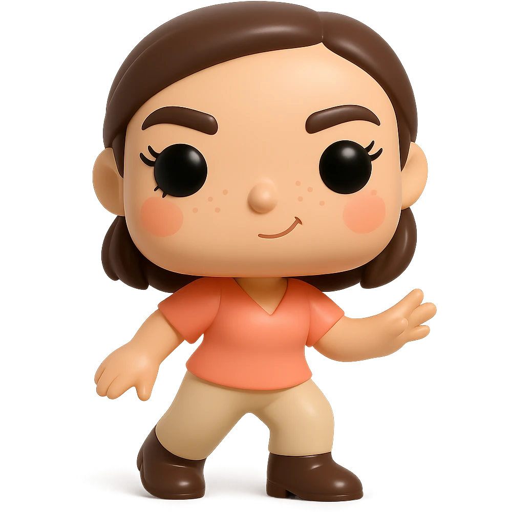 Create a Funko Pop style vinyl figure inspired by the reference image. The figure should have a peach-colored blouse, beige pants, dark brown Santiago boots, dark brown bob haircut tied back, rosy cheeks, feminine eyelashes, light freckles, and a mischievous expression. The pose should be dynamic. No hat or accessories. Transparent background. emoji
